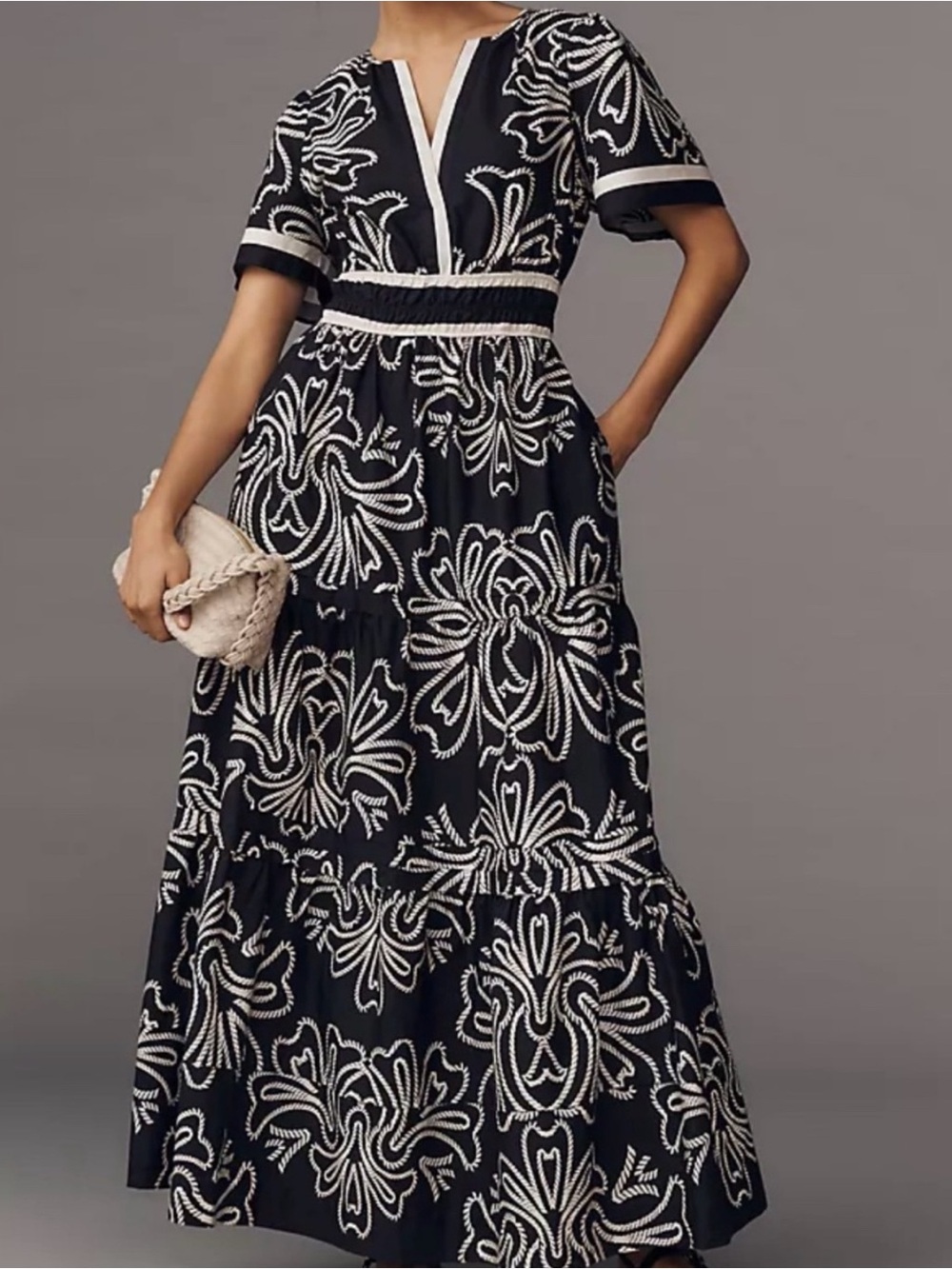 Anthropologie Somerset Maxi Dress Black Floral Rope Print Cotton XS